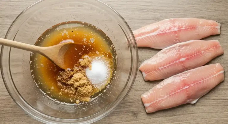 Smoked Trout Brine: The Only Recipe You’ll Ever Need A glass bowl with homemade brine, stirred with a wooden spoon, next to fresh trout fillets on a cutting board.