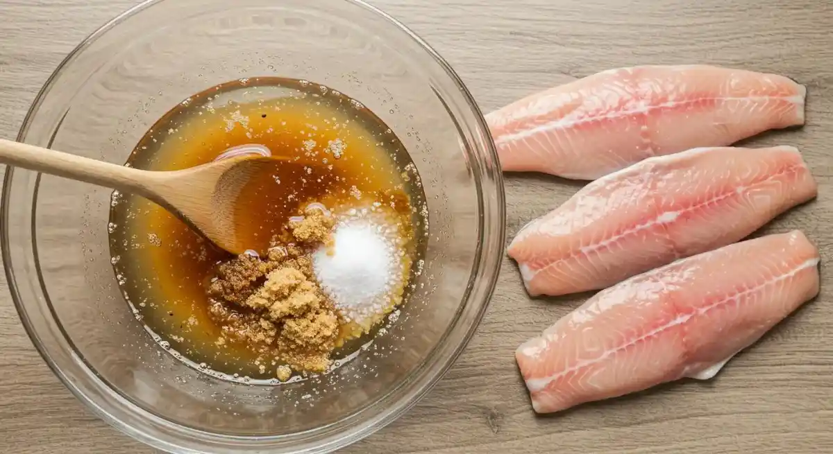 Smoked Trout Brine: The Only Recipe You’ll Ever Need A glass bowl with homemade brine, stirred with a wooden spoon, next to fresh trout fillets on a cutting board.