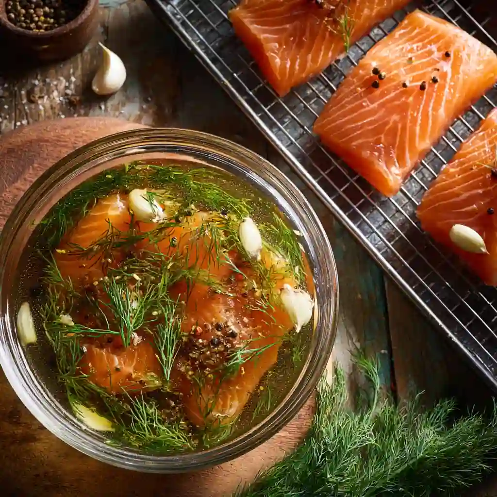 Smoked Trout Brine: The Only Recipe You’ll Ever Need Smoked trout brine with garlic, dill, and peppercorns in a glass bowl, next to raw trout fillets on a wire rack