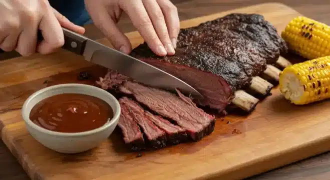 How to Make Smoked beef back Ribs A smoked beef rib being sliced, revealing a juicy smoke ring.