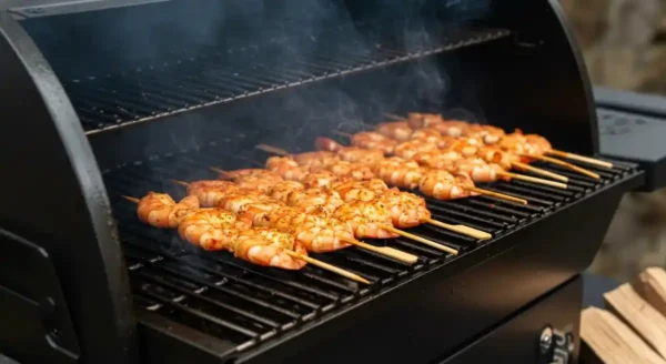 Shrimp skewers slowly smoking over hickory and applewood in a backyard smoker.