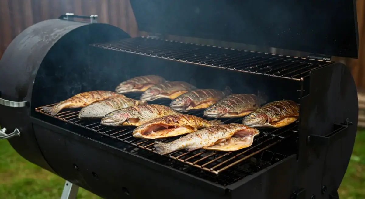 Smoked Trout Brine: The Only Recipe You’ll Ever Need Brined trout fillets arranged on a smoker grill with smoke rising in the background.