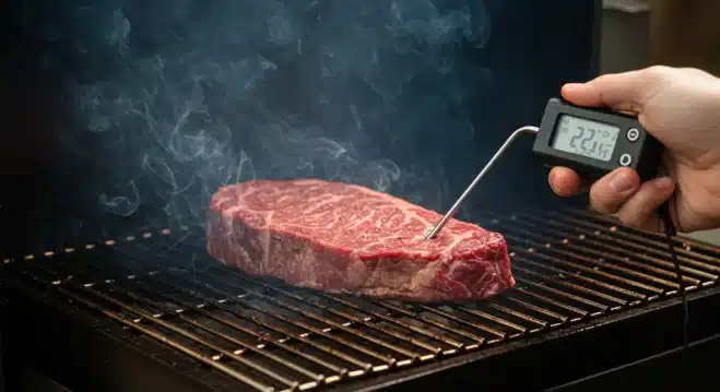 How To Make Reverse Sear Steak Pellet Grill A thick-cut steak slowly smoking on a pellet grill at 225°F, with a thermometer inserted.