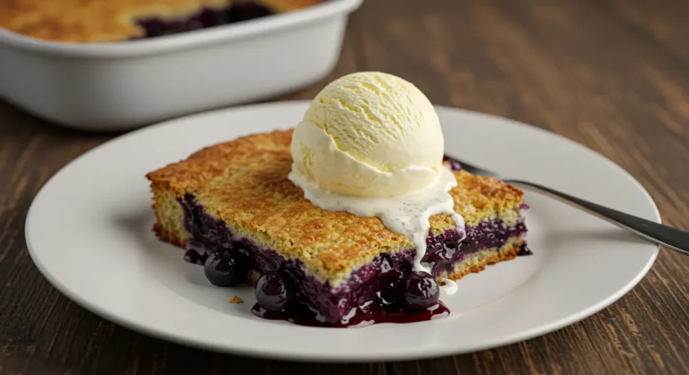 A slice of blueberry cobbler on a white plate with vanilla ice cream melting on top.