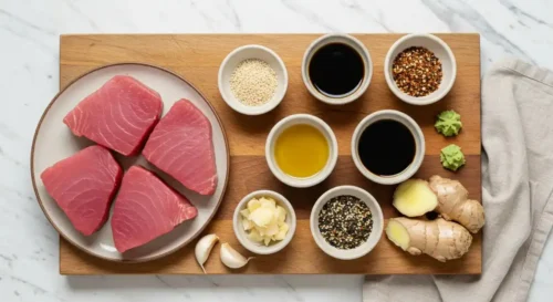 How To Make Ahi Tuna Recipe -Seared Like A Chef In Just 15 Minutes! Ahi Tuna Recipe -Seared ingredients arranged on a wooden board with ceramic dishes, ready for cooking