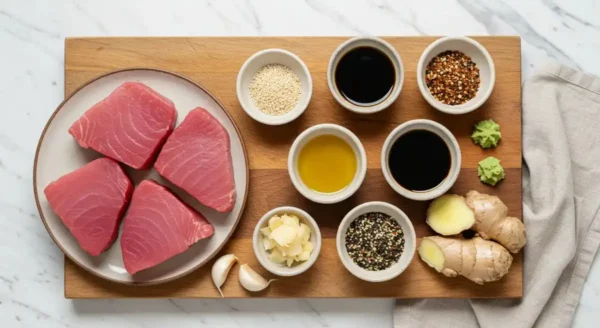 Ahi Tuna Recipe -Seared ingredients arranged on a wooden board with ceramic dishes, ready for cooking