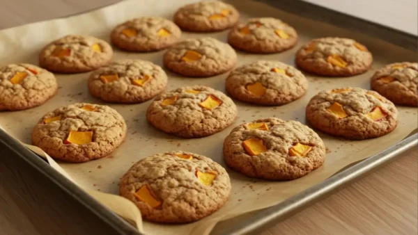 How to Make Peach Cobbler Cookies: A Delicious & Simple Recipe A batch of freshly baked peach cobbler cookies cooling on a wire rack, with golden edges and visible peach chunks.