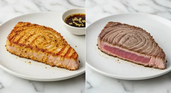 Comparison of a perfectly seared ahi tuna steak and an overcooked, dry tuna steak.