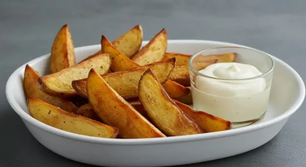 Crispy smoked potato wedges on a tray with dipping sauce.