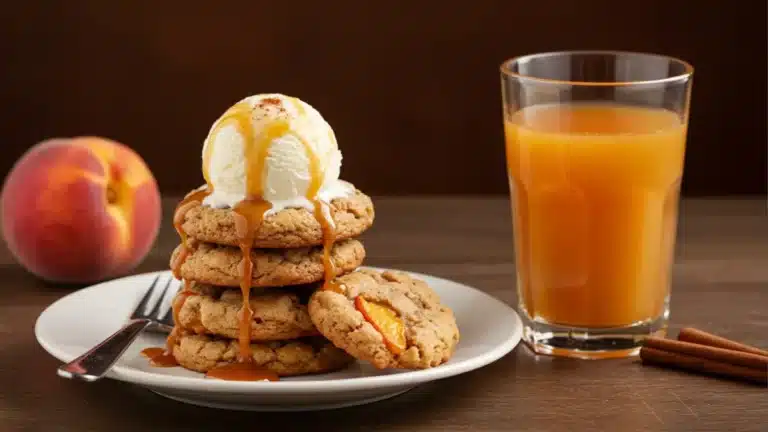 How to Make Peach Cobbler Cookies: A Delicious & Simple Recipe A stack of peach cobbler cookies served on a plate with a scoop of vanilla ice cream melting on top.