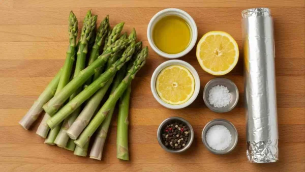 Ingredients for how to grill asparagus in foil, including fresh asparagus, olive oil, seasonings, and lemon.