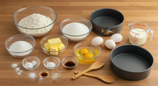 Step-by-Step: How To Make A Beautiful Hello Kitty Two Tier Cake With A Topper Flour, eggs, butter, and sugar arranged for baking a Hello Kitty two tier cake, with baking tools ready.