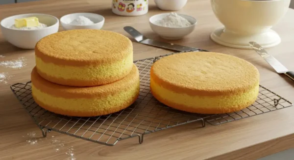 Step-by-Step: How To Make A Beautiful Hello Kitty Two Tier Cake With A Topper Golden cake layers cooling on a wire rack, ready to be assembled into a Hello Kitty two tier cake.