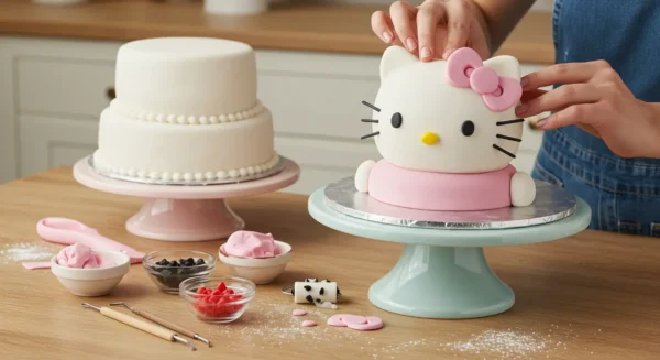 Step-by-Step: How To Make A Beautiful Hello Kitty Two Tier Cake With A Topper Hands shaping a fondant Hello Kitty cake topper with a pink bow and cute facial features.