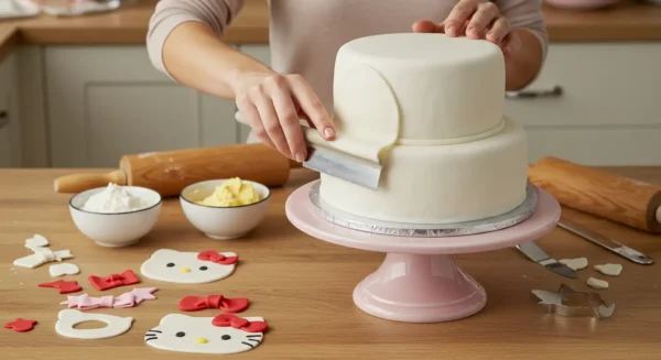 Step-by-Step: How To Make A Beautiful Hello Kitty Two Tier Cake With A Topper A baker applying smooth white fondant on a two tier cake, preparing it for Hello Kitty decorations.