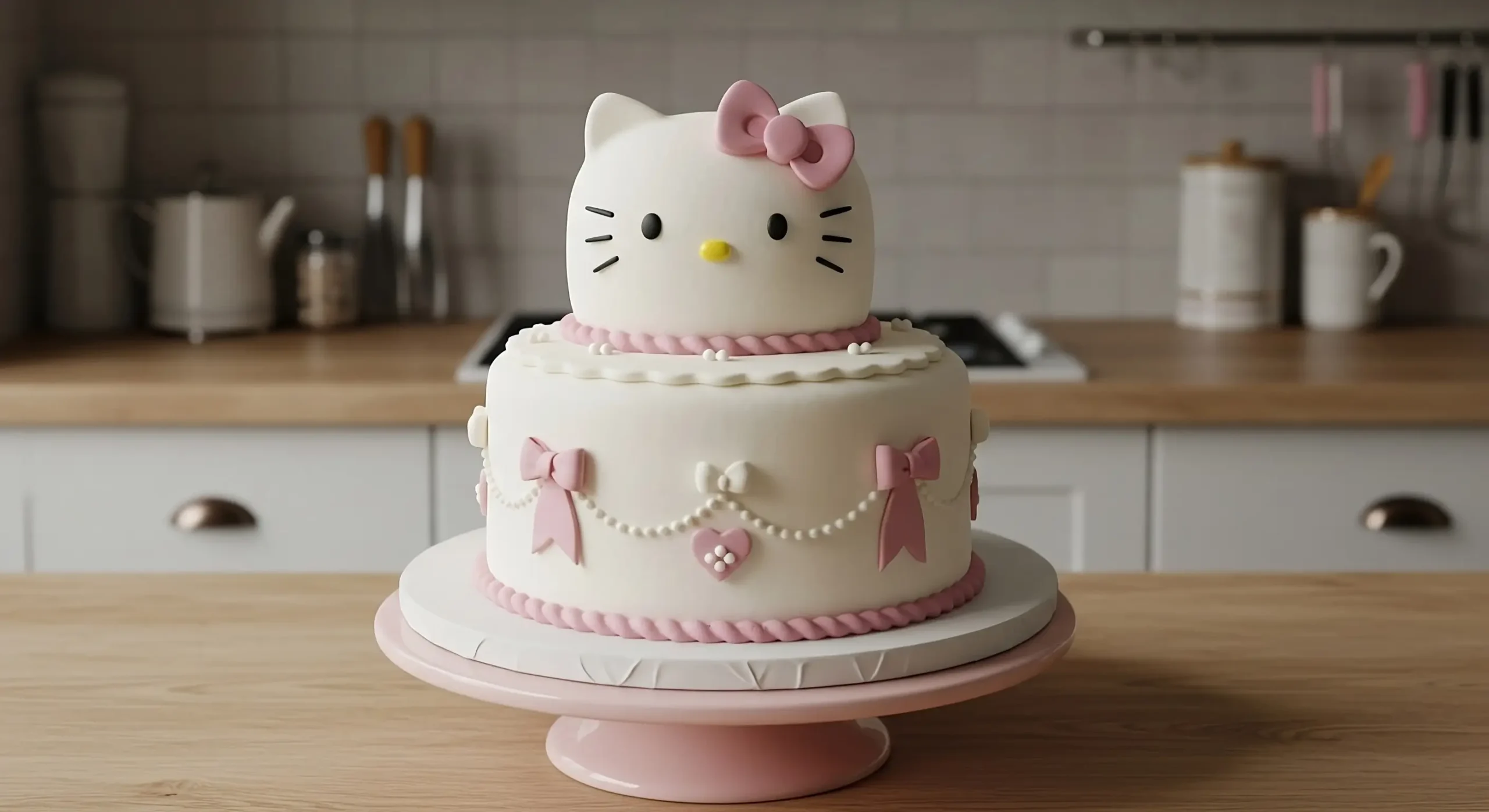 Step-by-Step: How To Make A Beautiful Hello Kitty Two Tier Cake With A Topper A stunning Hello Kitty two tier cake with a fondant topper, pink bows, and themed decorations on a pastel dessert table.