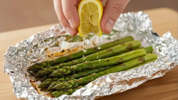 Grilled asparagus in foil being unwrapped after cooking, releasing steam and a smoky aroma.