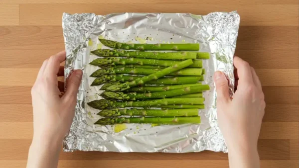 Step-by-step guide on how to grill asparagus in foil by wrapping it correctly for even cooking.