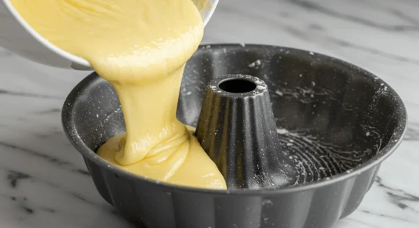 Bake This Lemon Pudding Cake Once, Crave It Forever Smooth lemon cake batter poured into greased bundt pan
