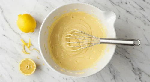 Bake This Lemon Pudding Cake Once, Crave It Forever Whisking lemon cake batter in a white ceramic bowl on marble counter