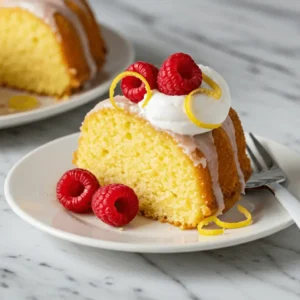Bake This Lemon Pudding Cake Once, Crave It Forever Plated slice of lemon pudding bundt cake with cream and berries