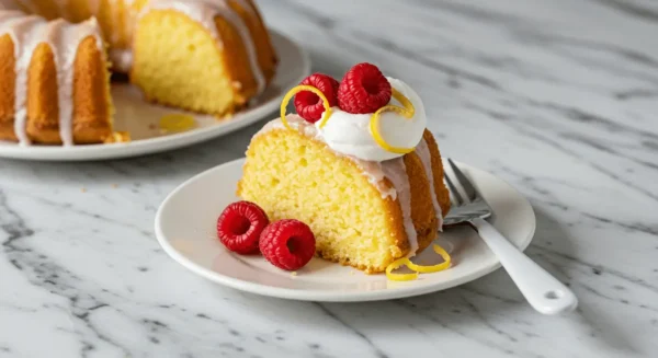 Bake This Lemon Pudding Cake Once, Crave It Forever Plated slice of lemon pudding bundt cake with cream and berries