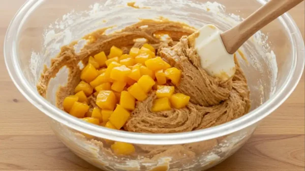 How to Make Peach Cobbler Cookies: A Delicious & Simple Recipe A mixing bowl filled with peach cobbler cookie dough, with fresh peach chunks being folded in gently.