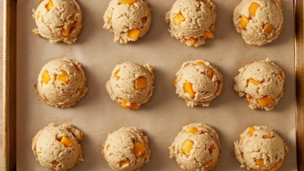 How to Make Peach Cobbler Cookies: A Delicious & Simple Recipe Scoops of peach cobbler cookie dough placed evenly on a parchment-lined baking sheet, ready to go in the oven.
