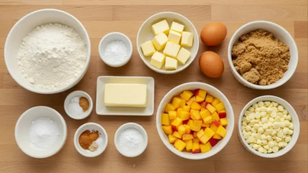 How to Make Peach Cobbler Cookies: A Delicious & Simple Recipe Measured ingredients for a peach cobbler cookies recipe, including flour, sugar, cinnamon, nutmeg, butter, and fresh peaches.