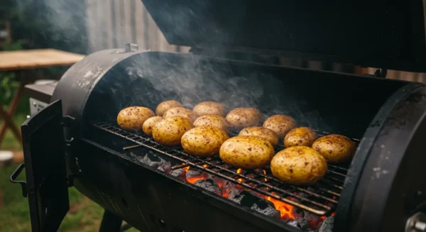 Whole seasoned potatoes on smoker grates with smoke rising.