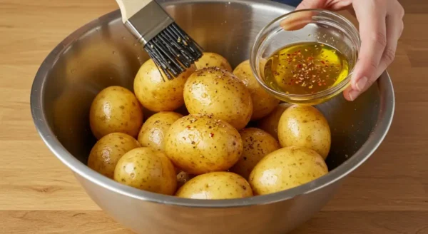 Raw russet potatoes being brushed with oil and seasoned.