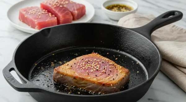 Ahi Tuna Recipe -Seared steak sizzling in a hot pan with a golden crust forming