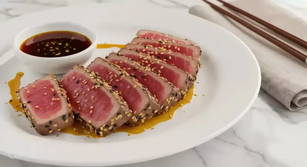 Plated seared ahi tuna slices with sesame seeds and ponzu sauce on a white marble countertop.