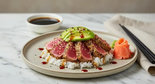 How To Make Ahi Tuna Recipe -Seared Like A Chef In Just 15 Minutes! Ahi Tuna Recipe -Seared served over sushi rice with avocado and soy sauce on a white ceramic plate