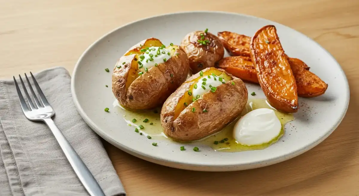 How to Make Smoked Potatoes – Easy, Flavorful & Perfect Every Time A plate of smoked baked potatoes topped with sour cream, chives, and butter, served with smoked sweet potatoes on a wooden table.