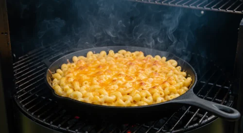 How to Make the Best Smoked Mac and Cheese – Step-by-Step Guide A cast-iron skillet with mac and cheese smoking inside a pellet grill.