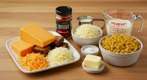 How to Make the Best Smoked Mac and Cheese – Step-by-Step Guide Cheddar, smoked gouda, mozzarella, and other ingredients for smoked mac and cheese.