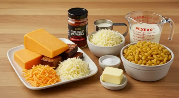 Cheddar, smoked gouda, mozzarella, and other ingredients for smoked mac and cheese.