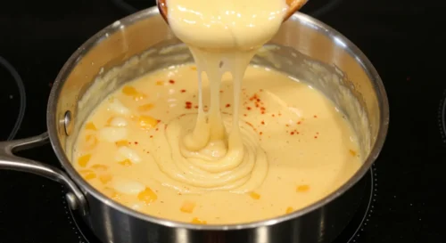 How to Make the Best Smoked Mac and Cheese – Step-by-Step Guide Thick, creamy cheese sauce for smoked mac and cheese being stirred in a saucepan.