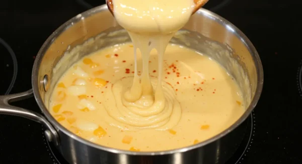 Thick, creamy cheese sauce for smoked mac and cheese being stirred in a saucepan.