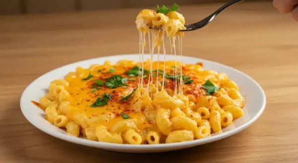 A plate of smoked mac and cheese with a golden crust, garnished with smoked paprika.
