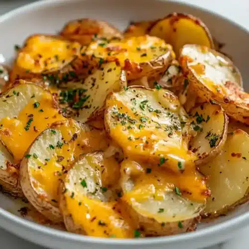 Easy Smothered Potatoes Recipe – A Southern Comfort Classic Cheesy smothered potatoes with melted cheddar on Calacatta marble