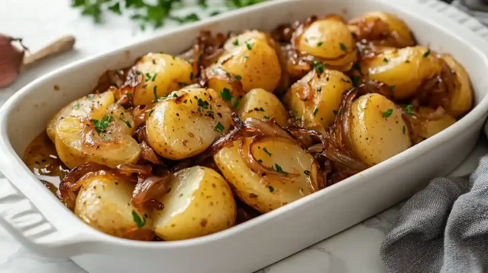 Golden smothered potatoes in white ceramic dish on Calacatta marble countertop