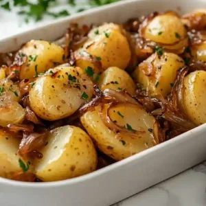 Easy Smothered Potatoes Recipe – A Southern Comfort Classic Golden smothered potatoes in white ceramic dish on Calacatta marble countertop