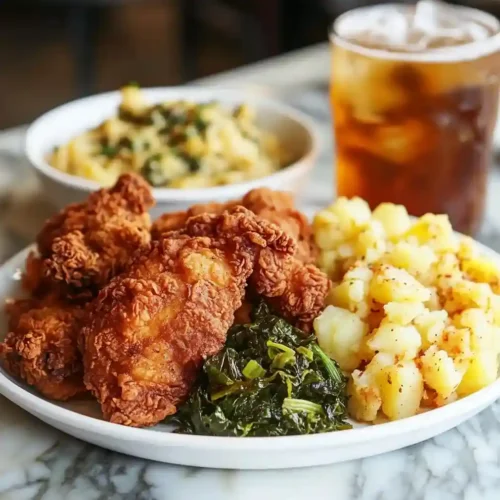 Easy Smothered Potatoes Recipe – A Southern Comfort Classic Southern plate with fried chicken, smothered potatoes, and greens