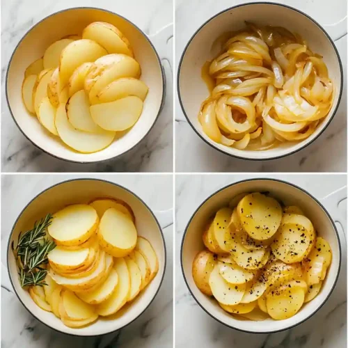 Easy Smothered Potatoes Recipe – A Southern Comfort Classic Smothered potatoes recipe cooking steps shown on a Calacatta marble countertop