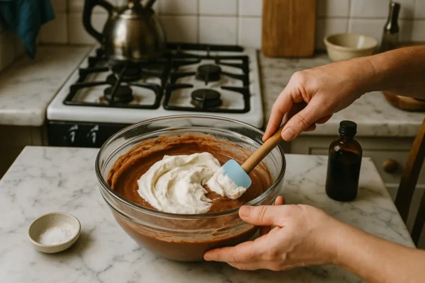 Homemade Chocolate Ice Cream Recipe (No-Churn, Creamy & Rich) folding whipped cream into chocolate base