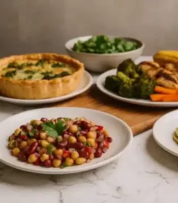 Hearty main dishes including roasted chicken, grilled salmon, vegetable pasta ...