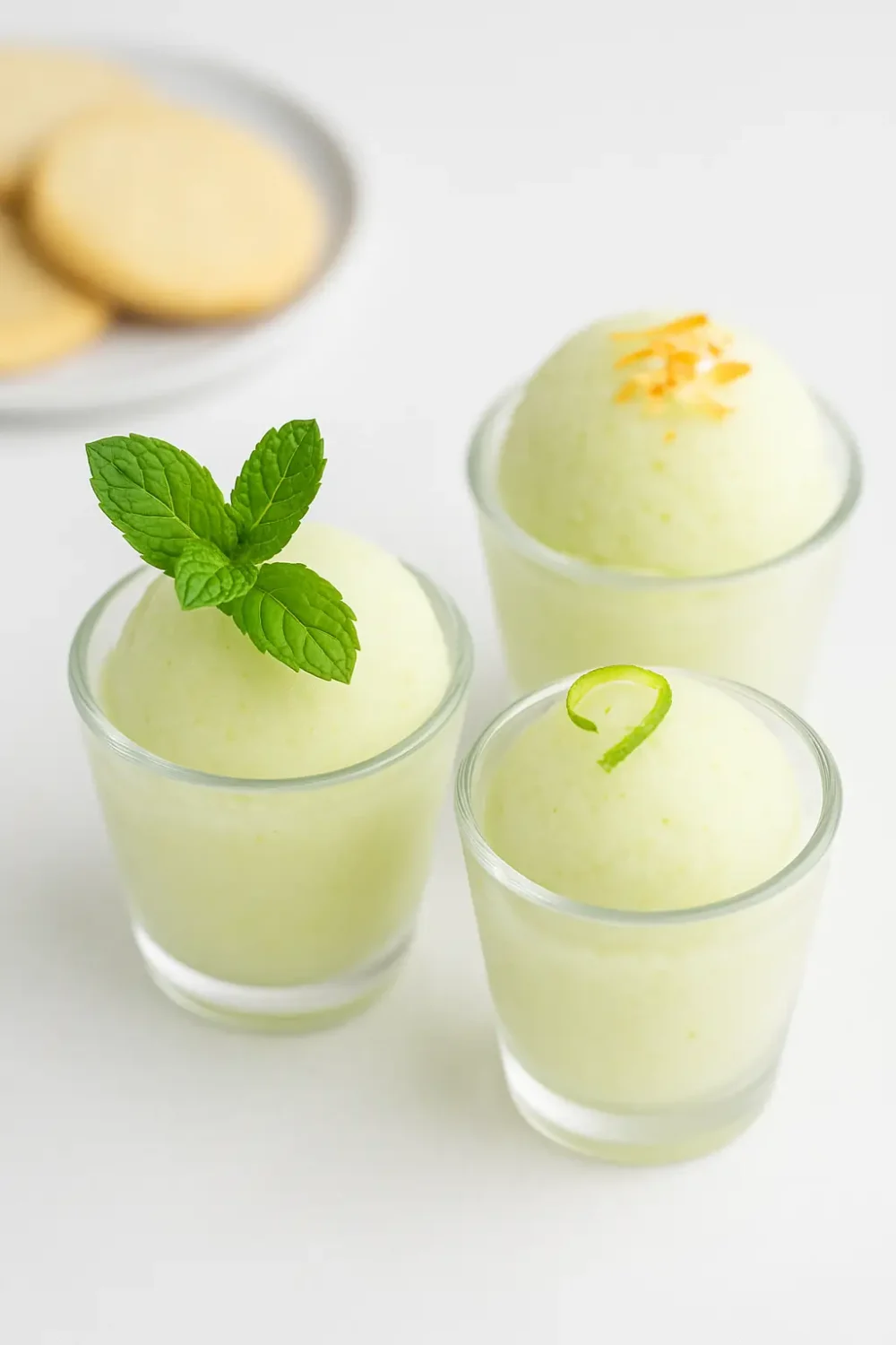 Lime sorbet in three glass jars topped with mint, lime zest, and toasted coconut, with shortbread cookies in the background