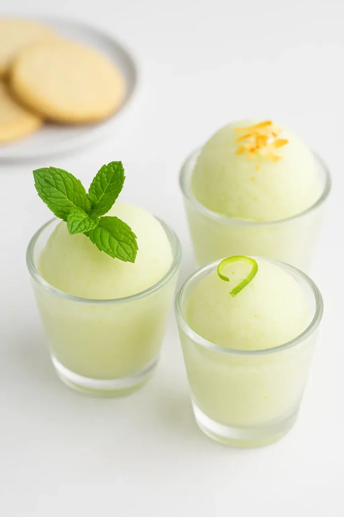Easy Lime Sorbet Recipe | Refreshing Dairy-Free Dessert Lime sorbet in three glass jars topped with mint, lime zest, and toasted coconut, with shortbread cookies in the background